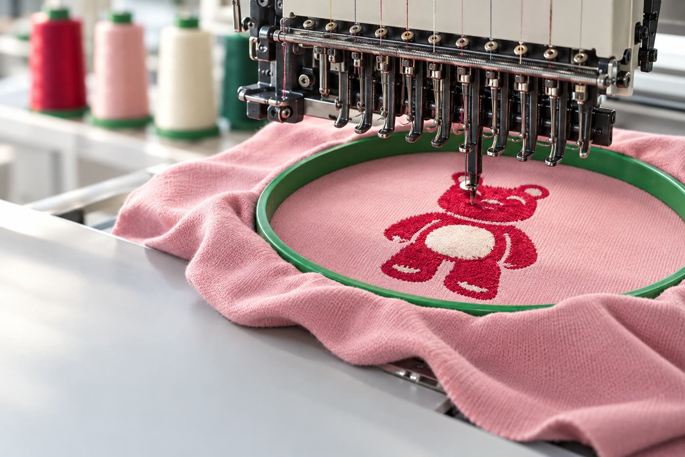 Máquina de bordado bordando un oso rojo sobre tela rosa