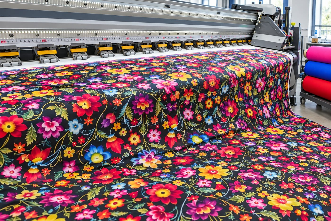 Impresora de sublimación imprimiendo un estampado floral multicolor sobre tela negra