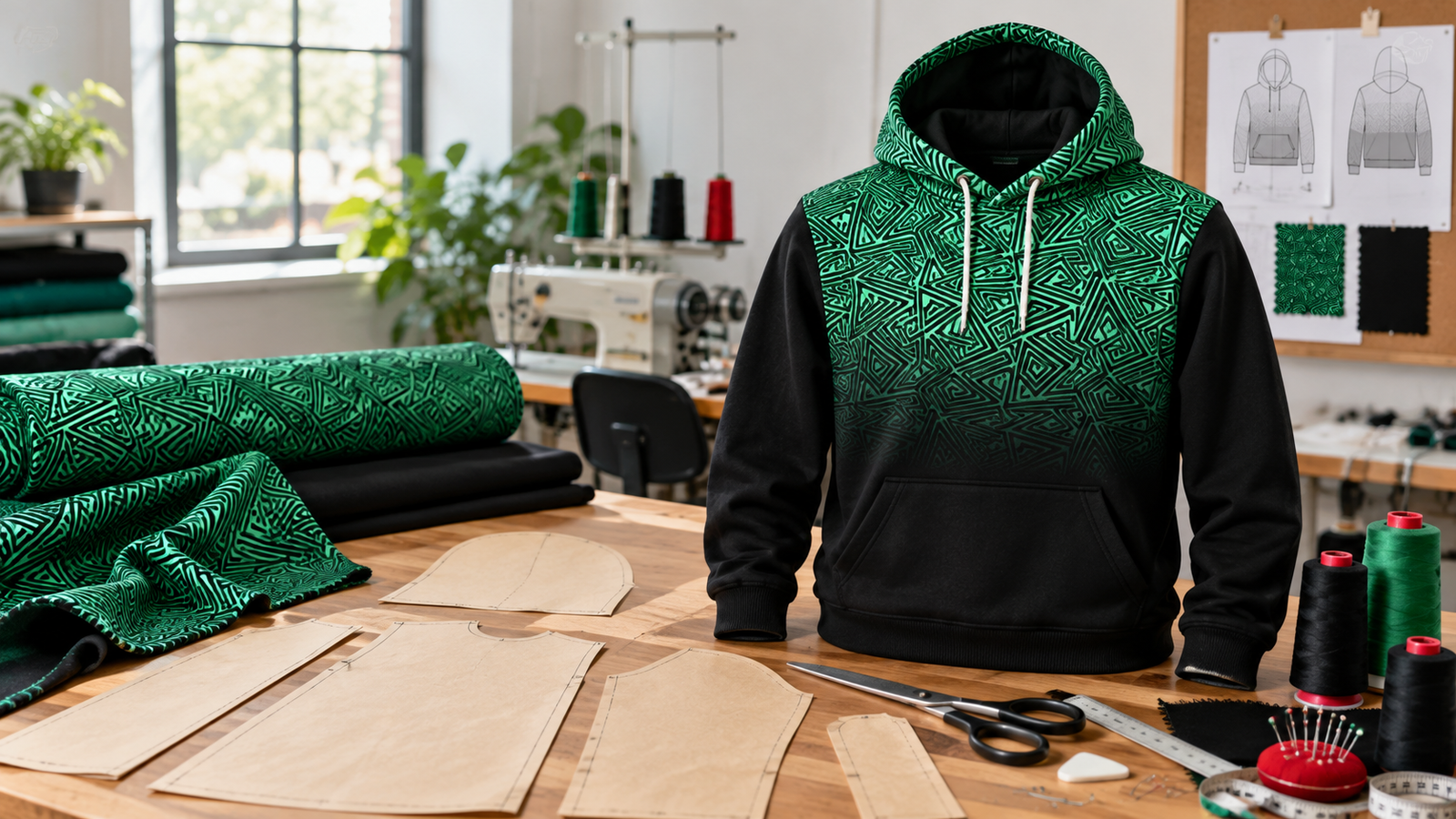Sudadera verde y negra terminada junto a tela, patrones de corte y herramientas de confección